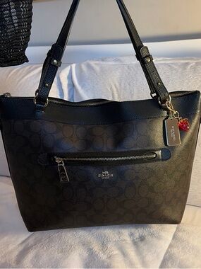 Coach Brown and Black Signature Tote with Gold Hardware